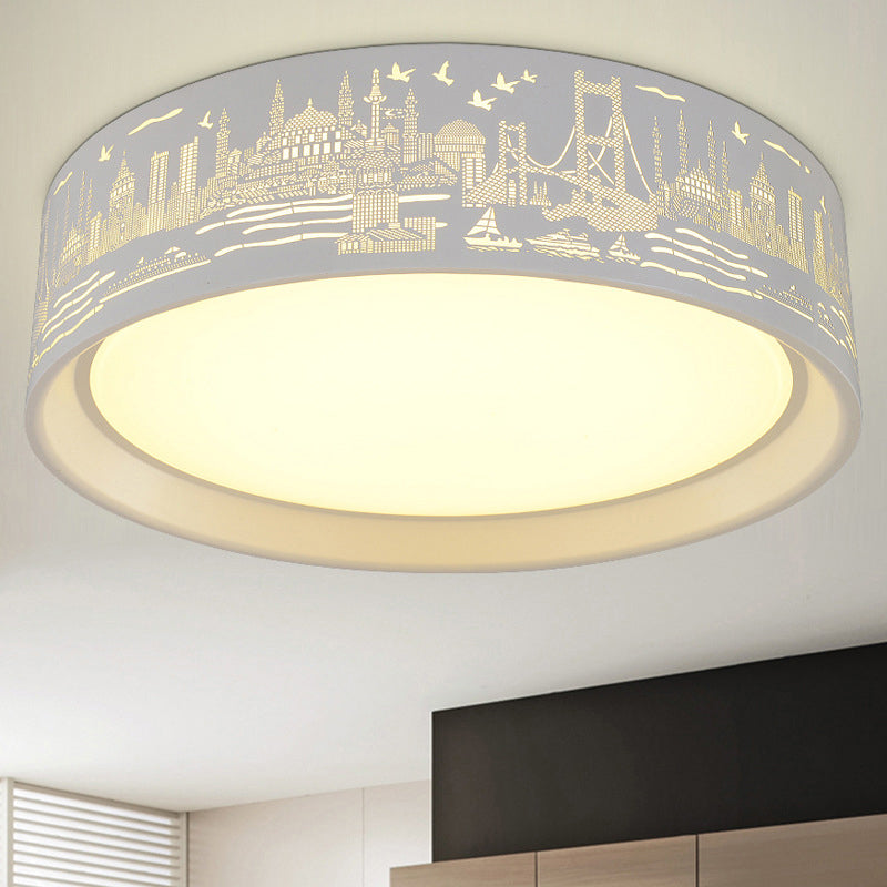 16.5’/20.5’ Modern White Carved Metal Drum Flush Lamp With Metropolis Scene - Led Ceiling Light