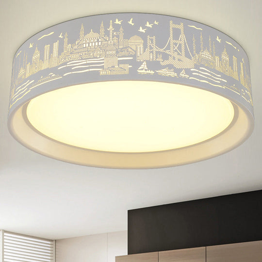 16.5/20.5 Modern White Carved Metal Drum Flush Lamp With Metropolis Scene - Led Ceiling Light