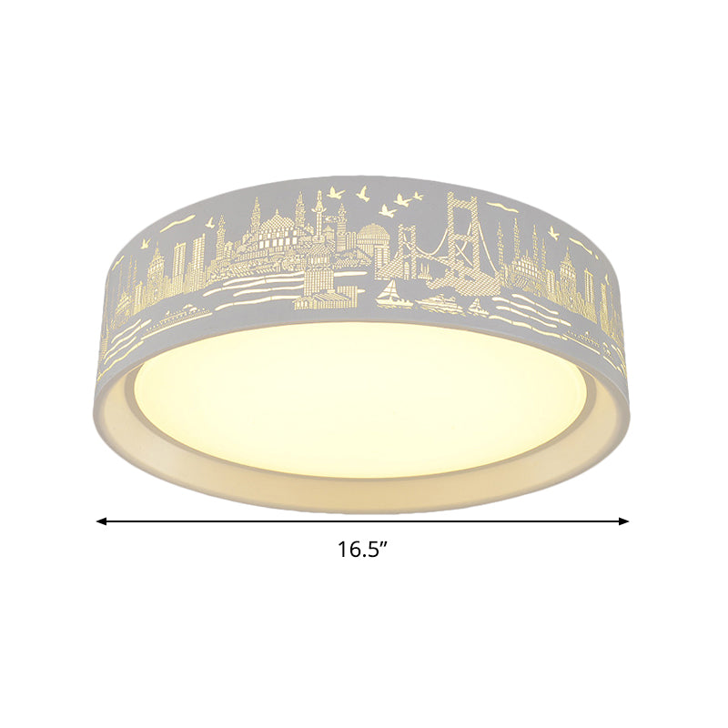 16.5’/20.5’ Modern White Carved Metal Drum Flush Lamp With Metropolis Scene - Led Ceiling Light
