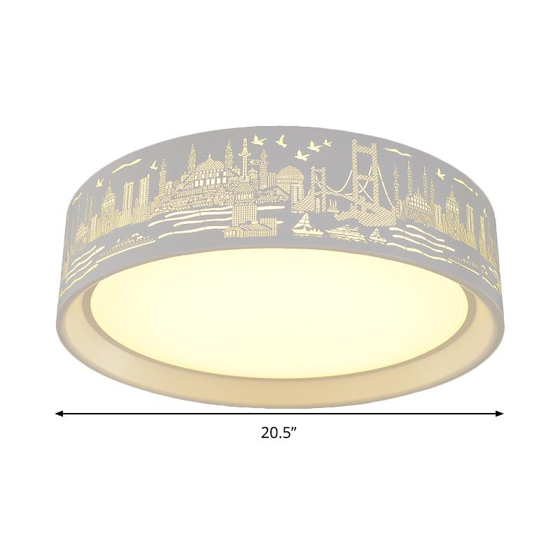 16.5/20.5 Modern White Carved Metal Drum Flush Lamp With Metropolis Scene - Led Ceiling Light