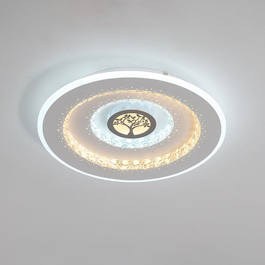 Modern White Round Crystal Led Ceiling Light With Tree Pattern - Flushmount Lighting In White/Warm /