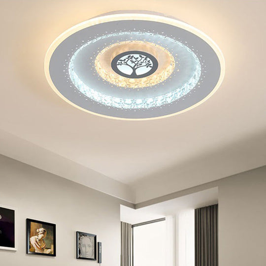 Modern White Round Crystal Led Ceiling Light With Tree Pattern - Flushmount Lighting In White/Warm
