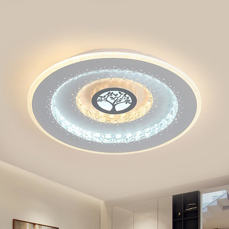 Modern White Round Crystal Led Ceiling Light With Tree Pattern - Flushmount Lighting In White/Warm