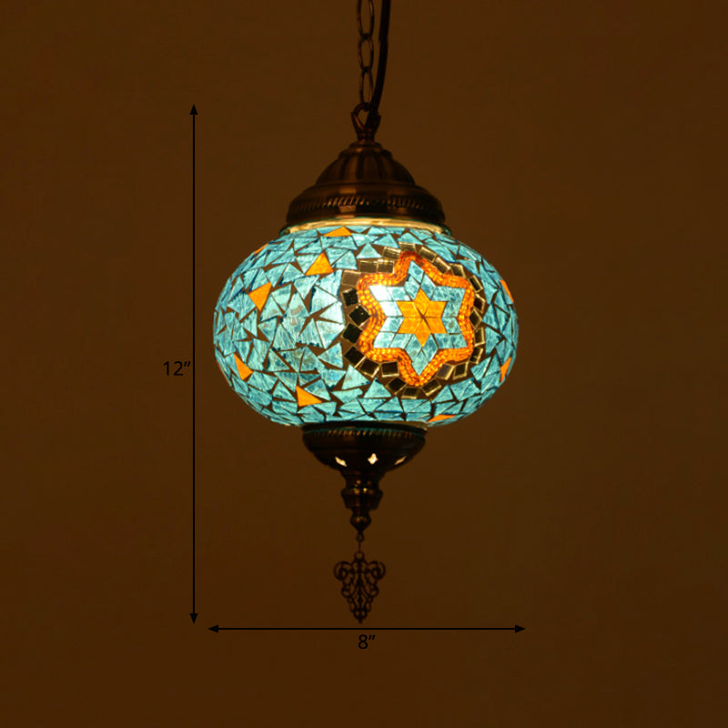 Vintage Stained Glass Spherical Hanging Pendant In Red/Blue/Yellow For Living Room