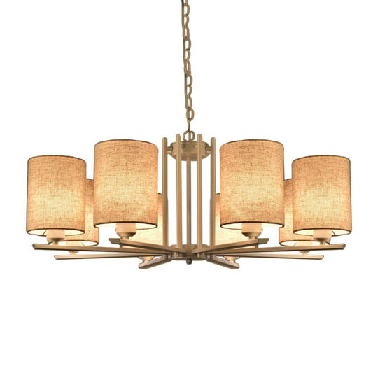 Modern Metal Sputnik Chandelier With White Finish And Cylinder Fabric Shade - 6/8 Heads Hanging