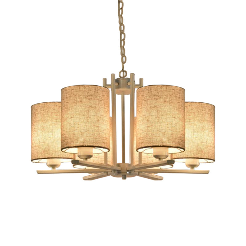 Modern Metal Sputnik Chandelier With White Finish And Cylinder Fabric Shade - 6/8 Heads Hanging