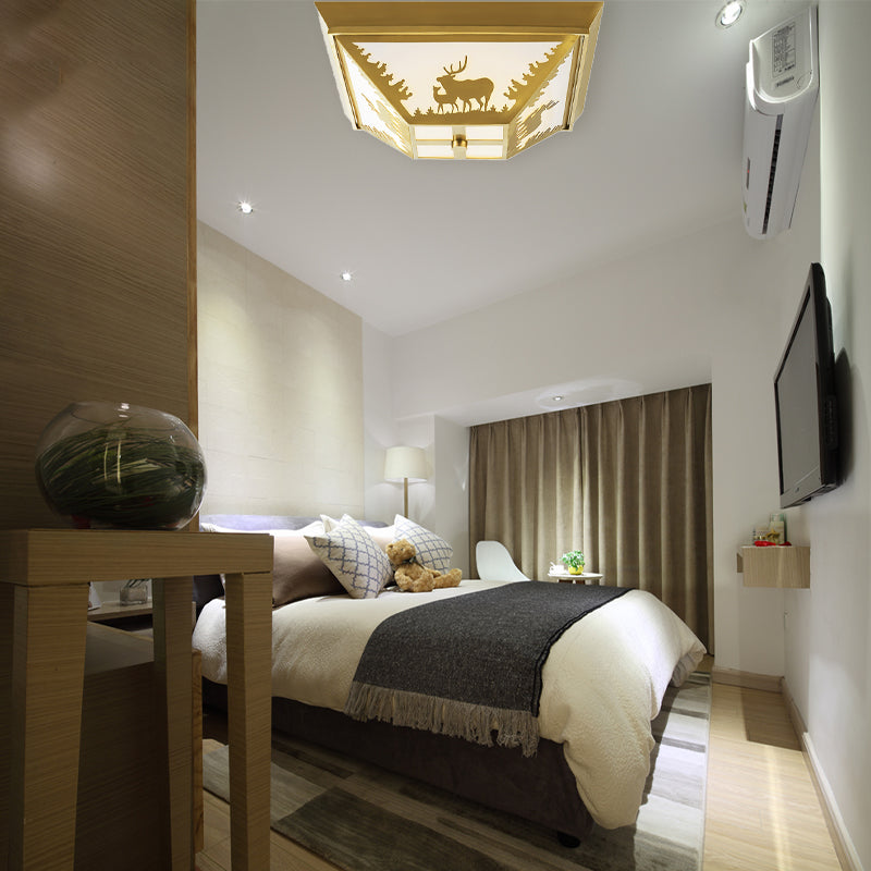 Trapezoid Brass Flush Mount Vintage Metal Ceiling Lamp With 4 Bulbs Ideal For Living Room Lighting