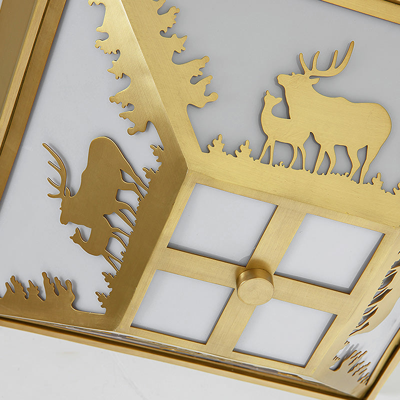 Trapezoid Brass Flush Mount Vintage Metal Ceiling Lamp With 4 Bulbs Ideal For Living Room Lighting