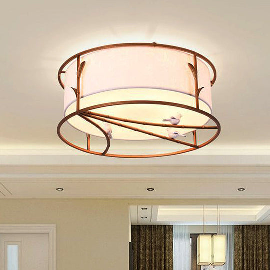 Traditional Brown Drum Ceiling Flush Lighting - Fabric Shade Multiple Sizes Heads Bedroom Mount Lamp