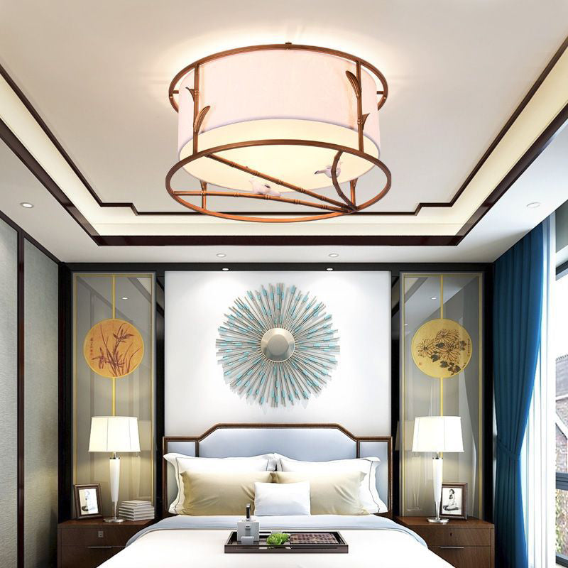 Traditional Brown Drum Ceiling Flush Lighting - Fabric Shade Multiple Sizes Heads Bedroom Mount