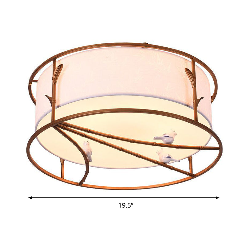 Traditional Brown Drum Ceiling Flush Lighting - Fabric Shade Multiple Sizes Heads Bedroom Mount Lamp