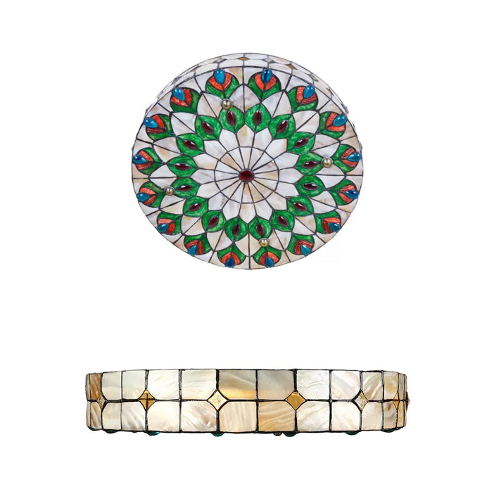 Tiffany Peacock Pattern Drum Flushmount Ceiling Lights 4-Light Bedroom Lighting With Art Glass
