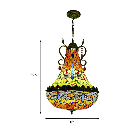 Lustre en vitrail libellule - 6/8 lumières, fini laiton antique