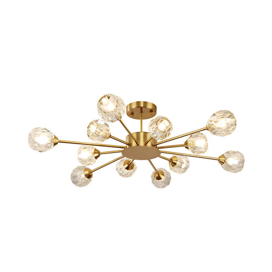 Postmodern Gold Ceiling Lamp With 12 Heads: Clear Faceted Crystal Sputnik Semi - Flush Mount Fixture