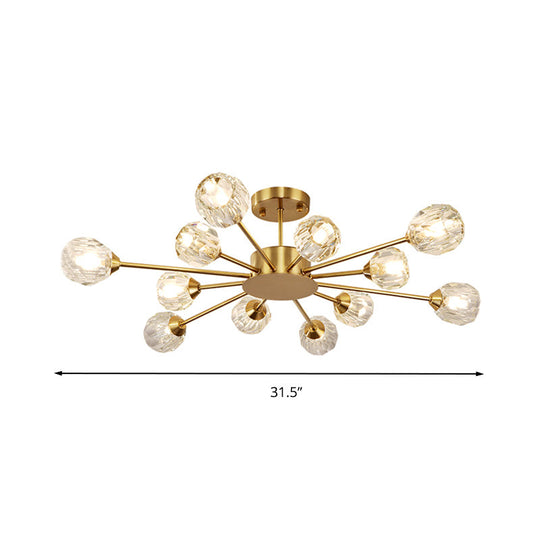 Postmodern Gold Ceiling Lamp With 12 Heads: Clear Faceted Crystal Sputnik Semi - Flush Mount Fixture