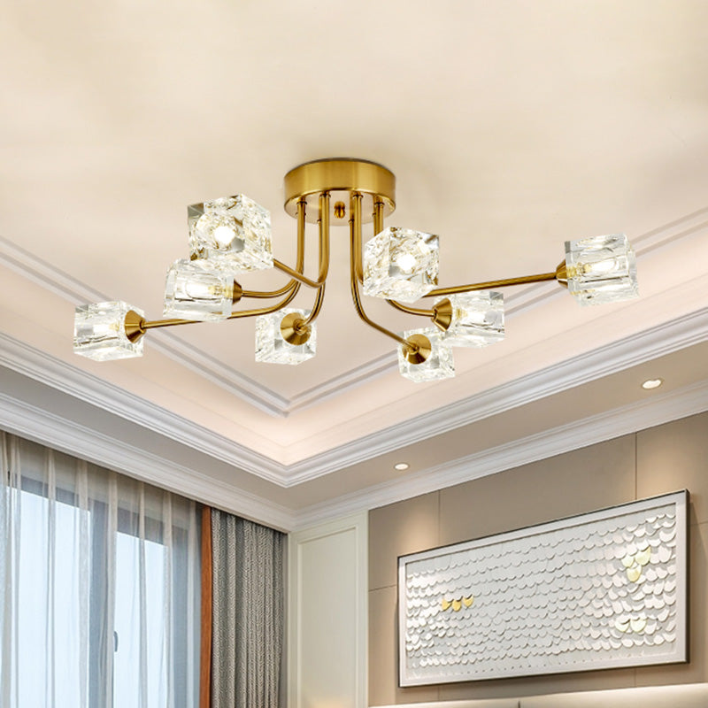 8 - Head Cubic Crystal Ceiling Light Fixture In Gold - Postmodern Curved Arm Semi Flush Mount