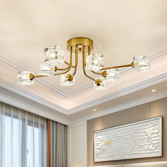 8 - Head Cubic Crystal Ceiling Light Fixture In Gold - Postmodern Curved Arm Semi Flush Mount