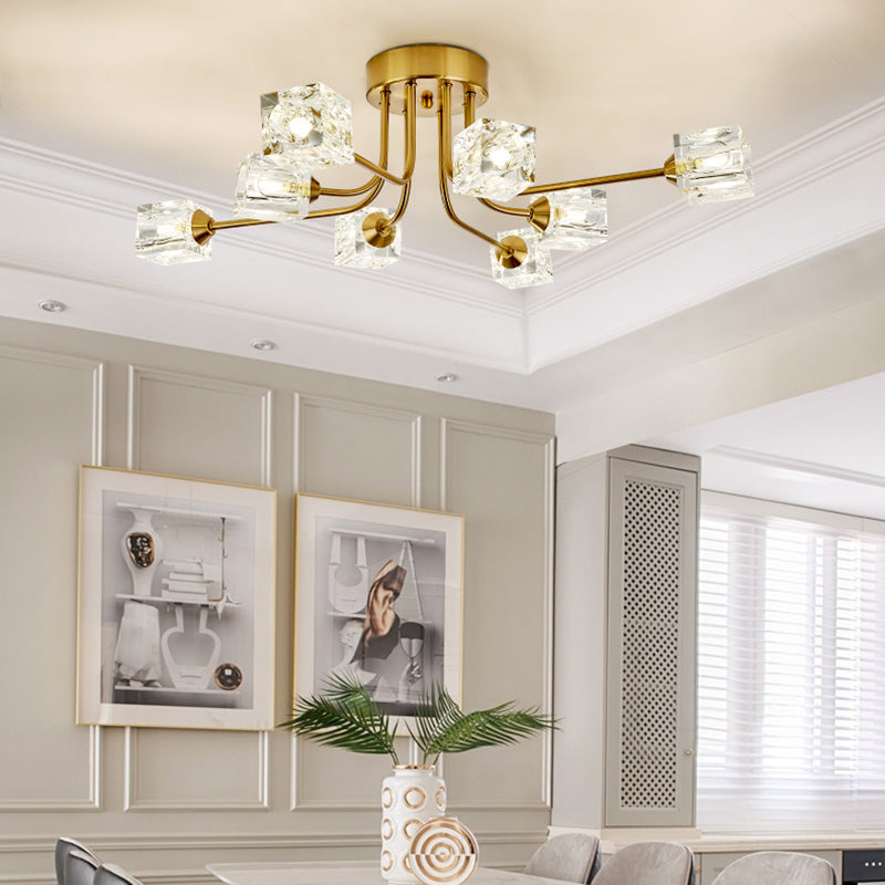 8 - Head Cubic Crystal Ceiling Light Fixture In Gold - Postmodern Curved Arm Semi Flush Mount