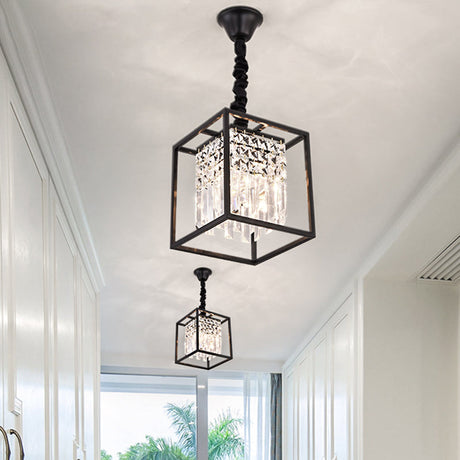 Modern Black Square Suspension Pendant Chandelier - Crystal Rod 2 Heads Corridor Lighting