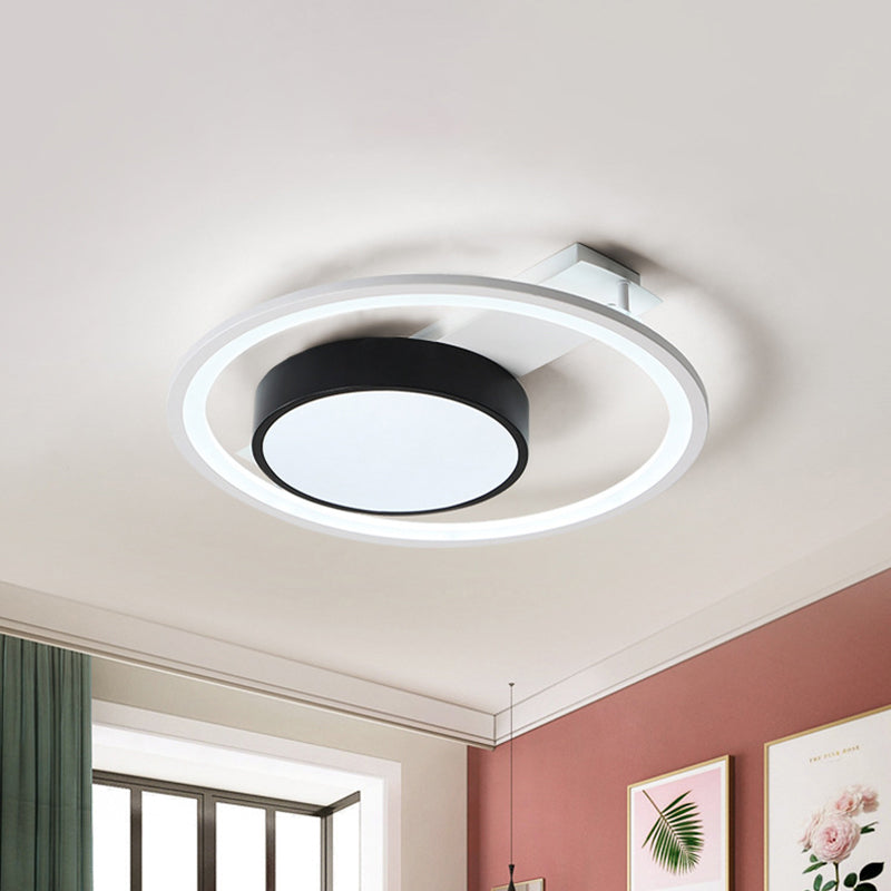 Modern Metal Drum Ceiling Light Fixture - Black And White Led Flush Mount 16’/19.5’ Wide