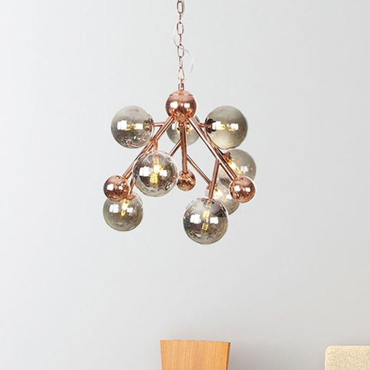 Vintage Glass Pendant Chandelier - 9 Globe Lights In Clear Amber & Smoke Gray For Indoor Lighting