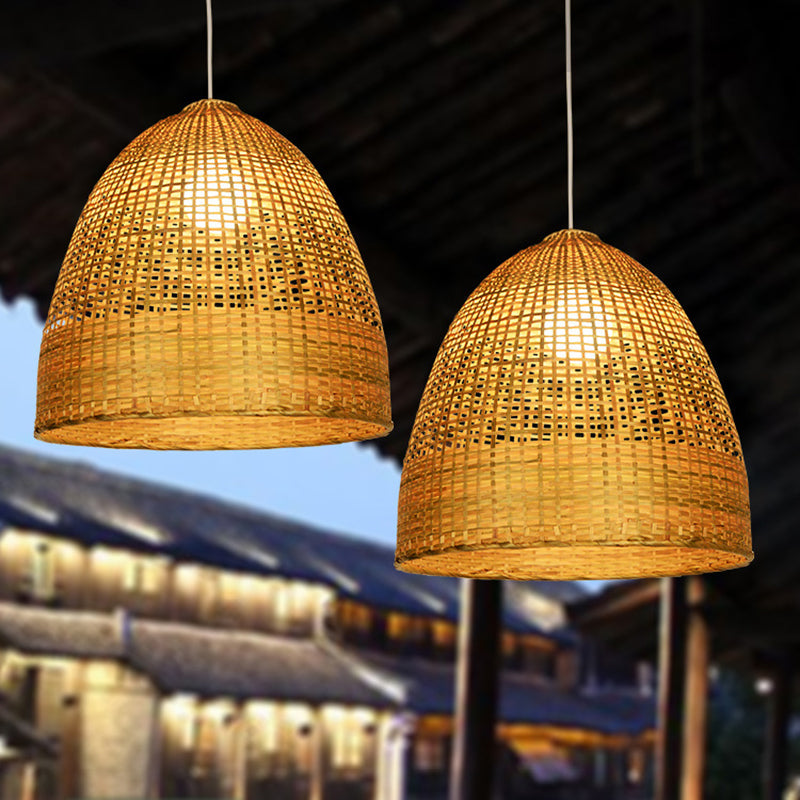 Modern Beige Bamboo Pendant Ceiling Lamp - Domed Shape 1-Light