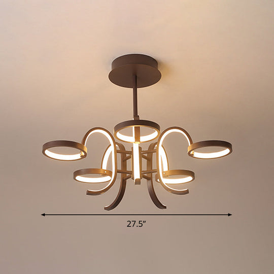 Modern Black Metal Chandelier Lighting - 5/6 Curve Arm Pendant Light In Warm/White