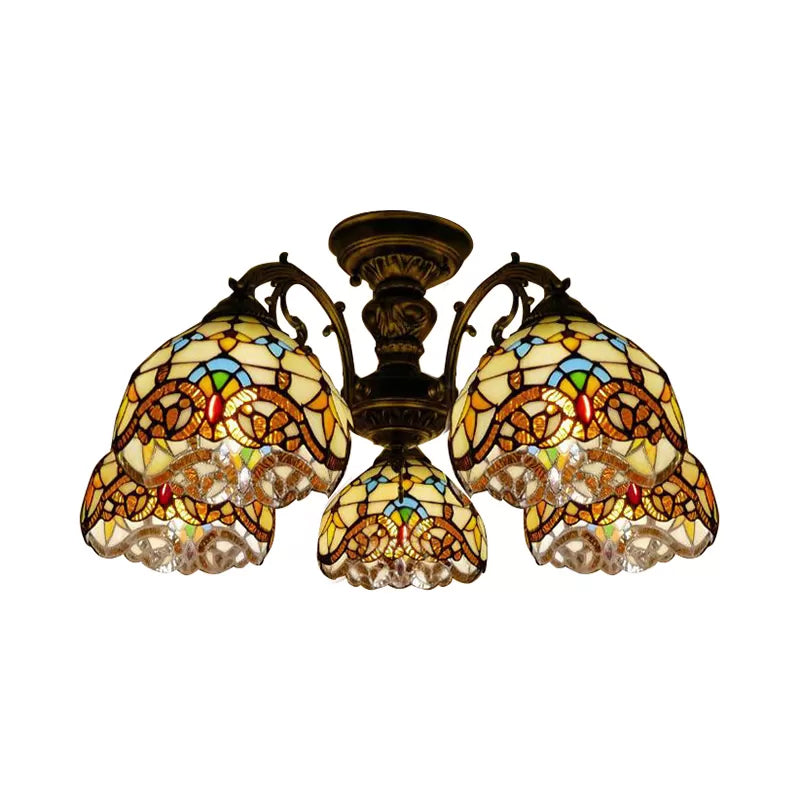 Baroque Semi Flush Ceiling Light In Aged Brass With Stained Glass Dome Shade