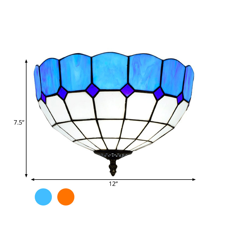 Traditional Blue/Yellow Stained Glass Shade Flush Mount Lamp - 2 Heads Ceiling Fixture For Bedroom