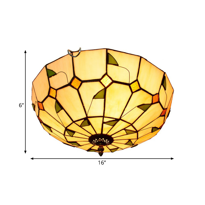 12’/16’ White Dome Tiffany Ceiling Lamp - Multicolored Stained Glass 2/3 Bulbs Flush Mount Lighting