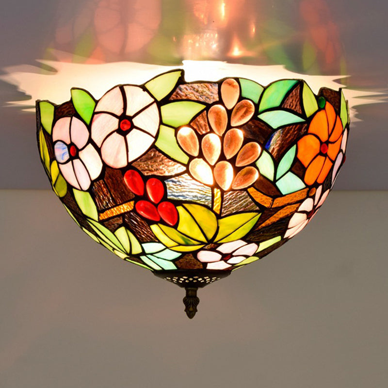 Flower Ceiling Lighting Tiffany Brass Flush Mount Light For Hallway - 2/3 Lights 12’/16’ Wide
