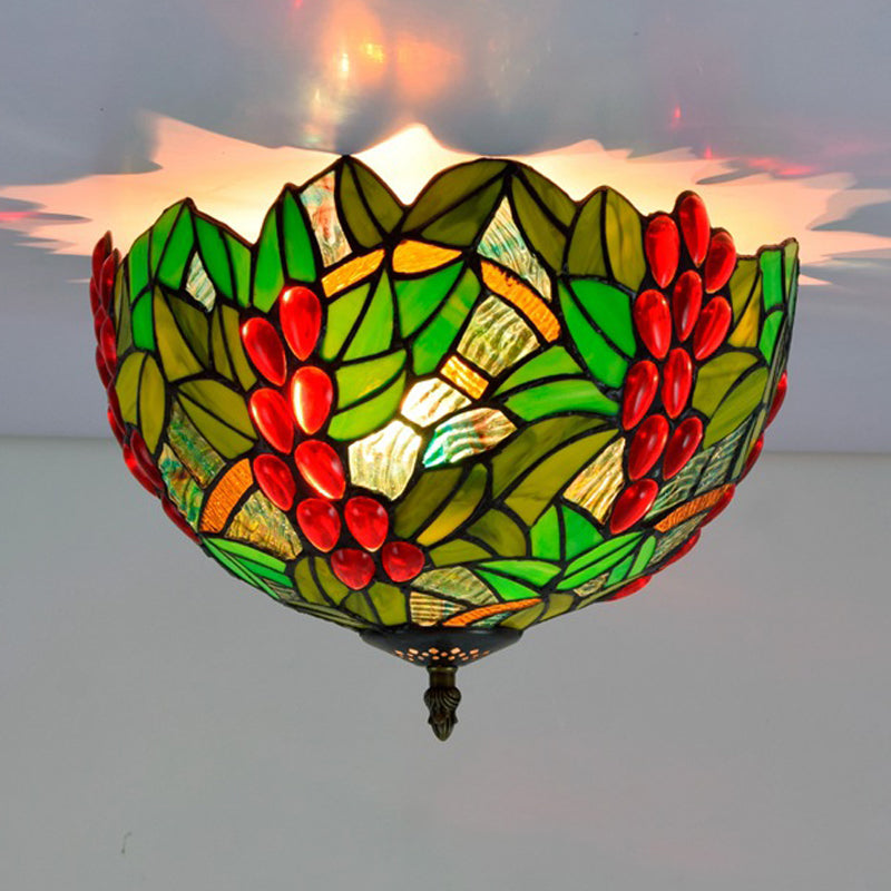 Tiffany-Style Leafy Ceiling Flush Mount Light Fixture - 2/5 Heads Bronze 12/16.5 Width