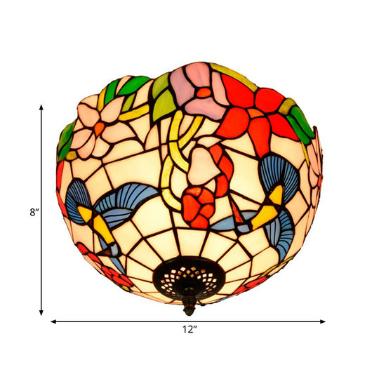 Tiffany 2-Light Stained Glass Floral Ceiling Fixture Brass Flush Mount For Bedroom