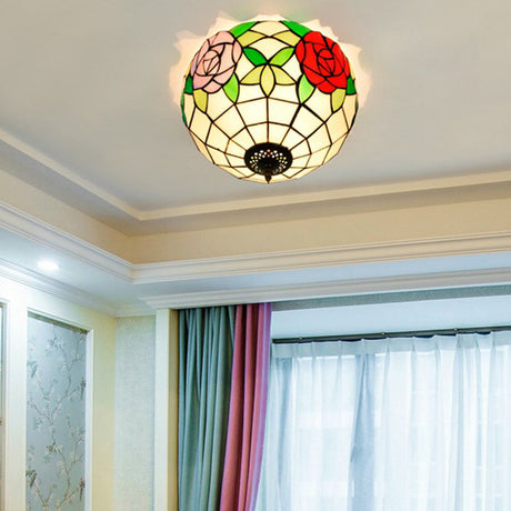 Tiffany 2-Light Stained Glass Floral Ceiling Fixture Brass Flush Mount For Bedroom / B