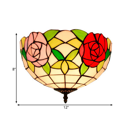 Tiffany 2-Light Stained Glass Floral Ceiling Fixture Brass Flush Mount For Bedroom