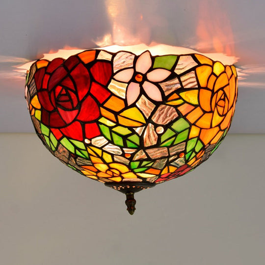 Tiffany 2-Light Stained Glass Floral Ceiling Fixture Brass Flush Mount For Bedroom