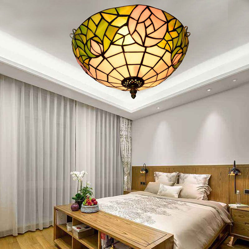 2-Head Tiffany-Style Stained Glass Rose Ceiling Flush Mount For Bedroom Bronze
