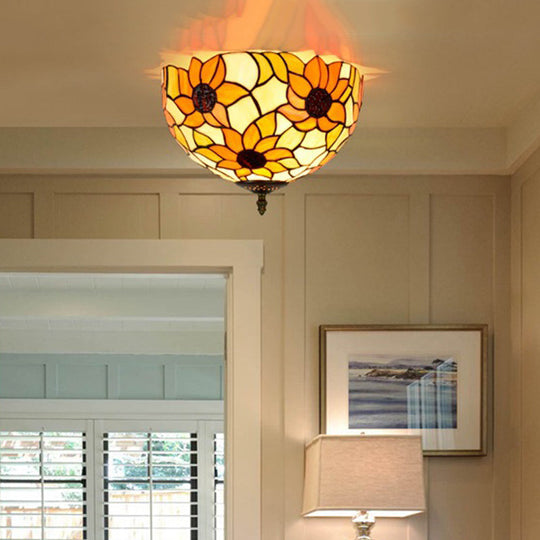 Sunflower Stained Glass Ceiling Fixture - Tiffany 2/3 Lights Yellow & Green Flushmount Lamp