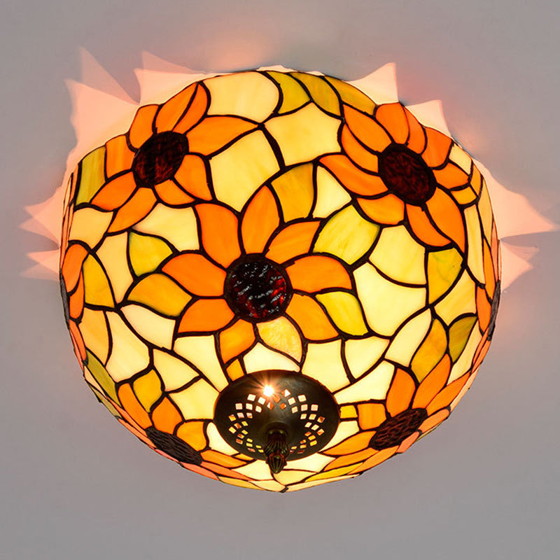 Sunflower Stained Glass Ceiling Fixture - Tiffany 2/3 Lights Yellow & Green Flushmount Lamp