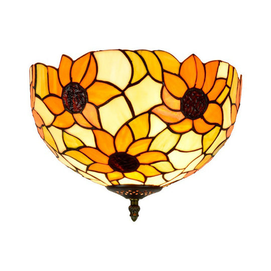 Sunflower Stained Glass Ceiling Fixture - Tiffany 2/3 Lights Yellow & Green Flushmount Lamp