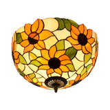 Sunflower Stained Glass Ceiling Fixture - Tiffany 2/3 Lights Yellow & Green Flushmount Lamp 12/16 W