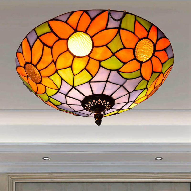 Blue/White Sunflower Tiffany Stained Glass Flush Mount Ceiling Light With 2/3 Bulbs - 12/16 W