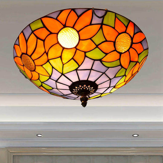 Blue/White Sunflower Tiffany Stained Glass Flush Mount Ceiling Light With 2/3 Bulbs - 12/16 W