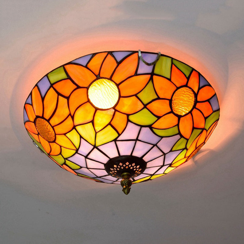 Blue/White Sunflower Tiffany Stained Glass Flush Mount Ceiling Light With 2/3 Bulbs - 12/16 W