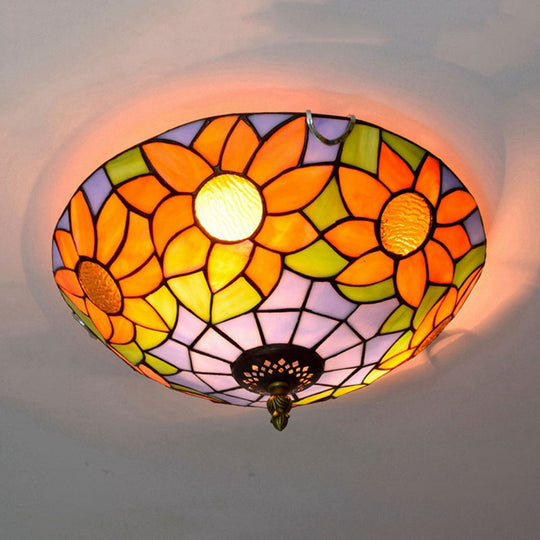 Blue/White Sunflower Tiffany Stained Glass Flush Mount Ceiling Light With 2/3 Bulbs - 12/16 W
