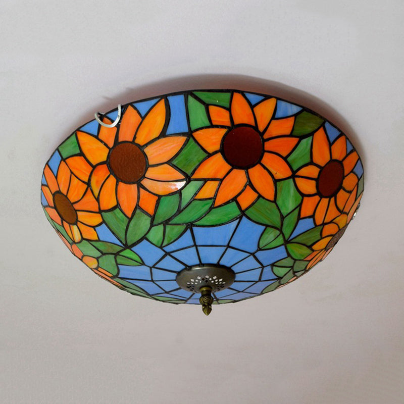 Blue/White Sunflower Tiffany Stained Glass Flush Mount Ceiling Light With 2/3 Bulbs - 12’/16’ W