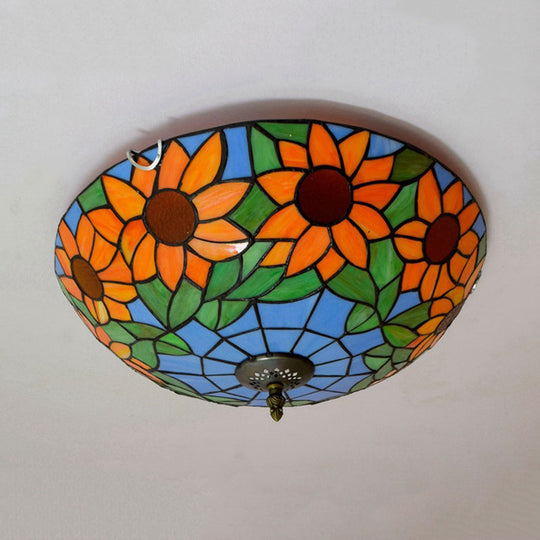 Blue/White Sunflower Tiffany Stained Glass Flush Mount Ceiling Light With 2/3 Bulbs - 12/16 W