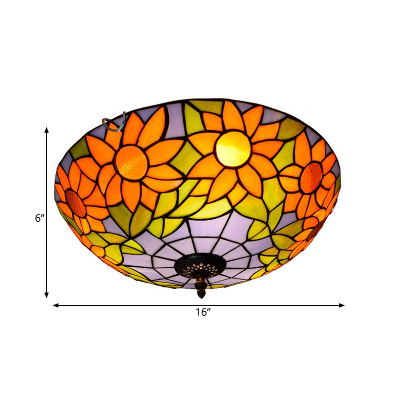 Blue/White Sunflower Tiffany Stained Glass Flush Mount Ceiling Light With 2/3 Bulbs - 12/16 W