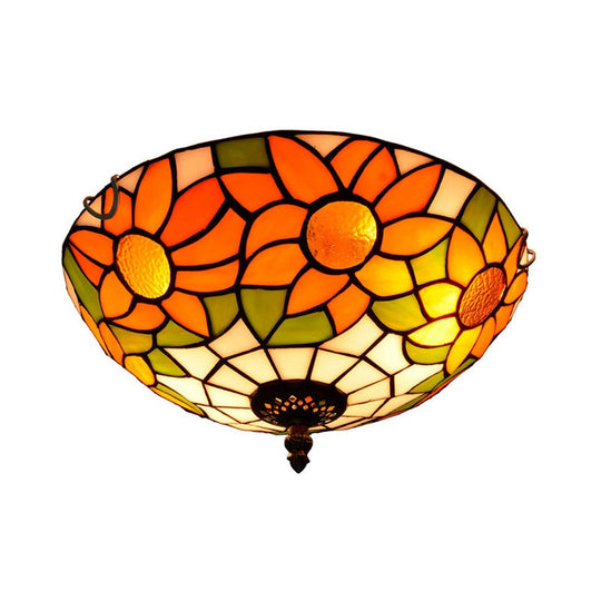 Blue/White Sunflower Tiffany Stained Glass Flush Mount Ceiling Light With 2/3 Bulbs - 12/16 W