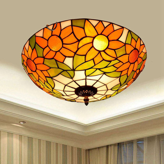 Blue/White Sunflower Tiffany Stained Glass Flush Mount Ceiling Light With 2/3 Bulbs - 12/16 W